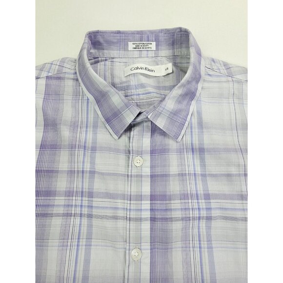 Calvin Klein Large Mens Egyptian Cotton Purple White Check Long Sleeve Logo Tag - Picture 1 of 11